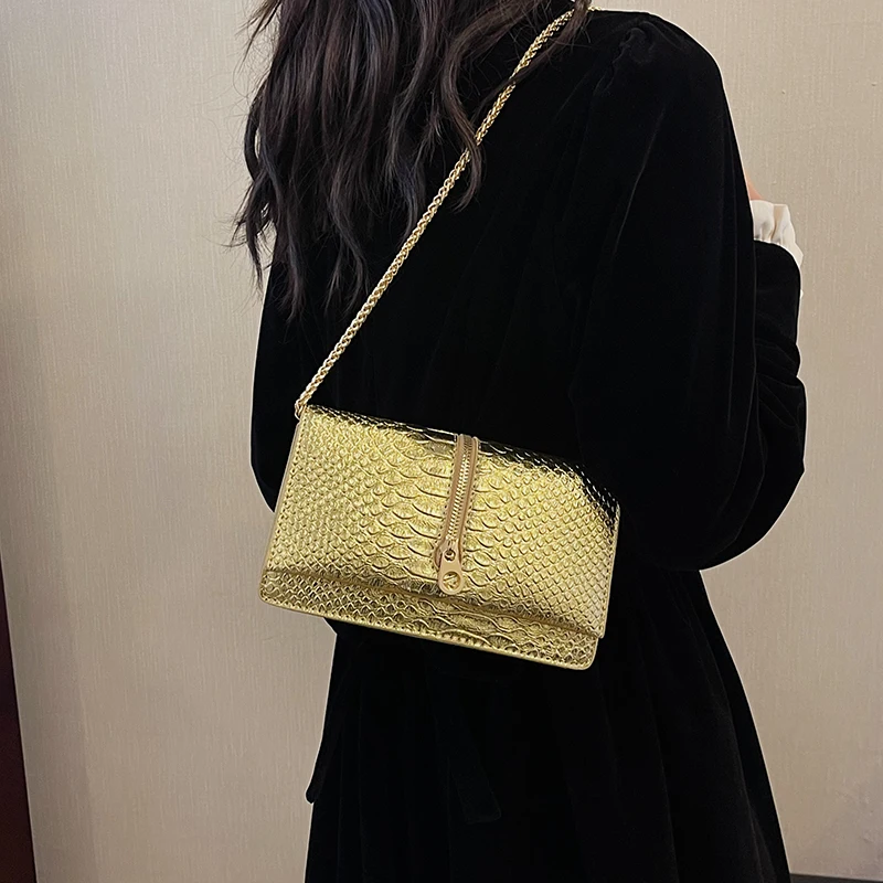 Luxury Gold Shoulder Bag Women Fashion Underarm Purse Handbag Solid Color Pu Leather Satchel Designer Female Chain Crossbody Bag