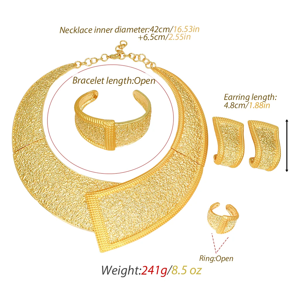 2026 New Chunky Hammered Gold Color Jewelry Set Wide Statement Choker Cuff Bangle Design Earring Ring For Bridal Wedding Jewelry