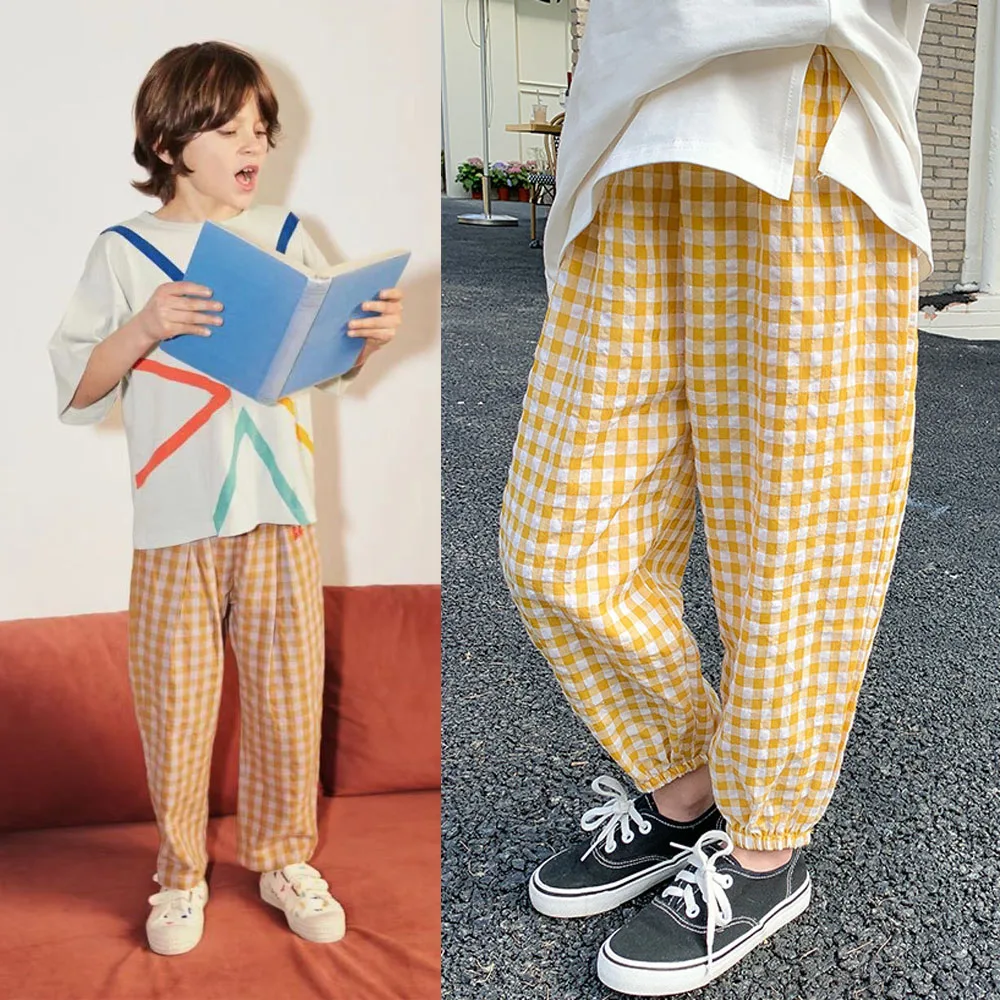 2022 Summer Children\'s Casual Pants Boys Girls Plaid Anti-mosquito Pants for Kids Cotton Trousers Children Joggers Bell Bottom