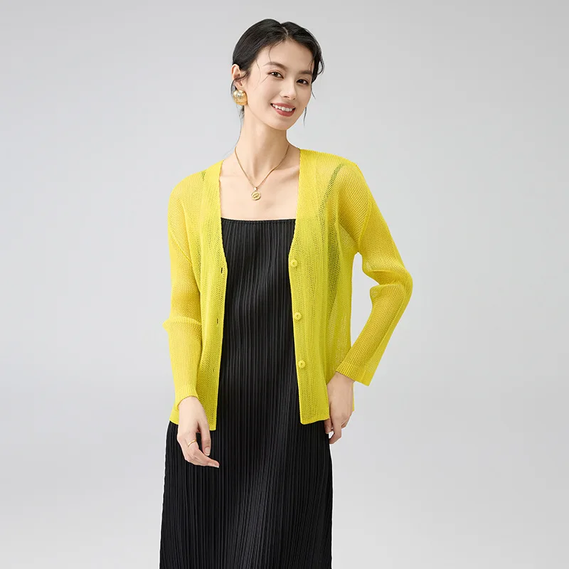 Miyake  Single-breasted Jacket 2025 Spring New Temperament Mesh Long-sleeved Cardigan V-neck Loose Casual Versatile Sunwear