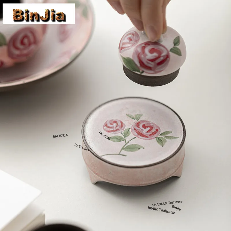 BAEJORIA Powder Yin Hand-painted Rose Tripodia Teapot Cover Holder Handmade Cover Frame Zisha Pot Lid Shelf Coaster Teaware Gift