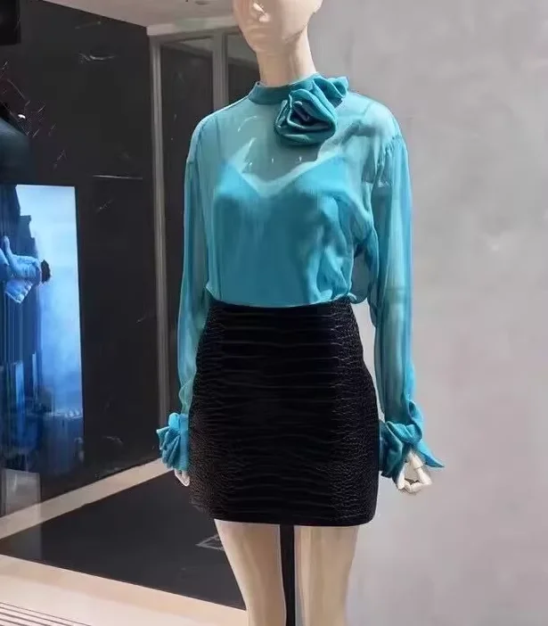 

Sexy Ladies Flowers Black Silk Shirt White High Quality Blue Blouse Fashion Ladies Fuchsia Transparent Top