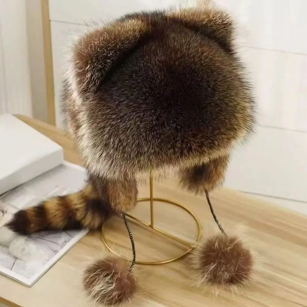 New Raccoon Fur Hat With Tail Women Winter Thick Warm Ushanka Bomber Hat Fashion Outdoor Pom Pom Earflap Cap