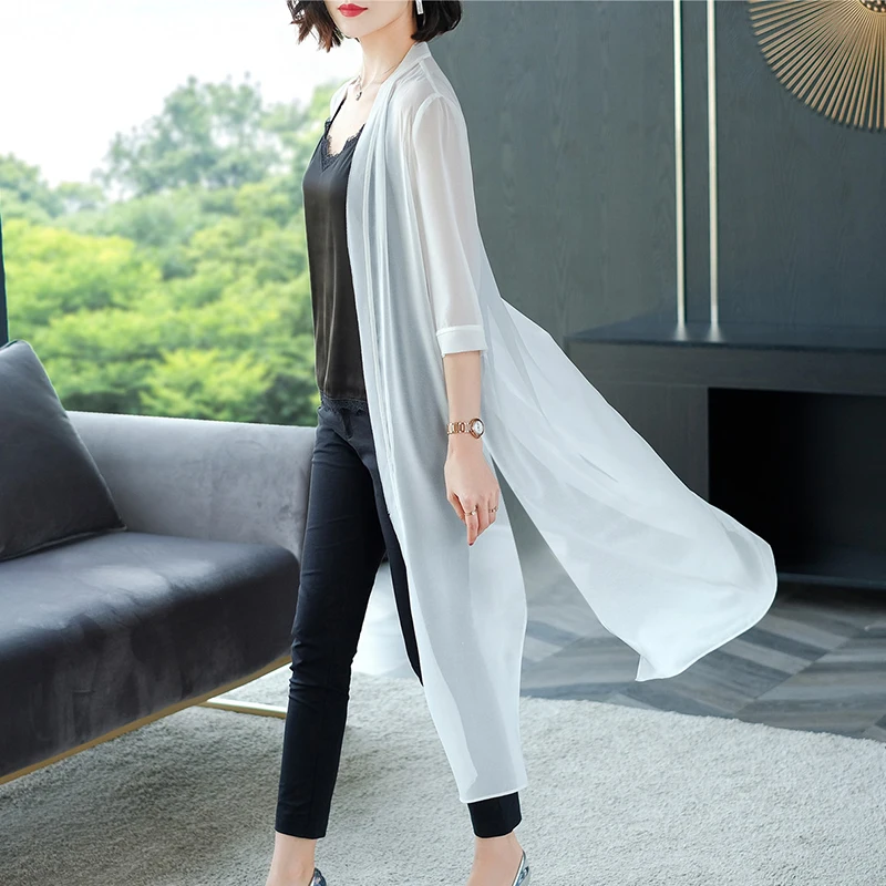 Blusa tipo cárdigan de gasa larga de verano para mujer, estilo kimono, camisa de oficina con protección solar, tops de playa, blusas de talla grande para mujer