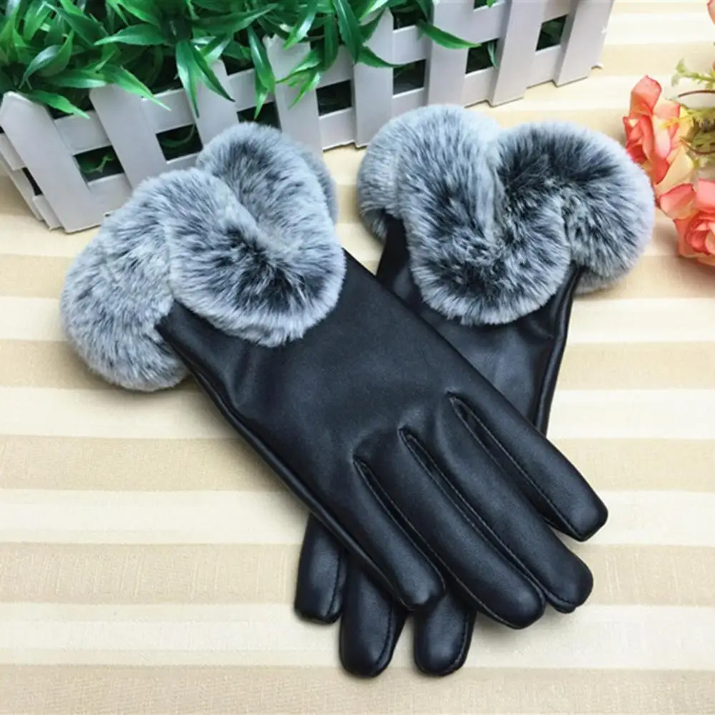 Full Finger Faux Leather Women Gloves Soft Plush Lining Driving Mittens Faux Rabbit Fur Touchscreen Gloves Fashion Ski Gloves