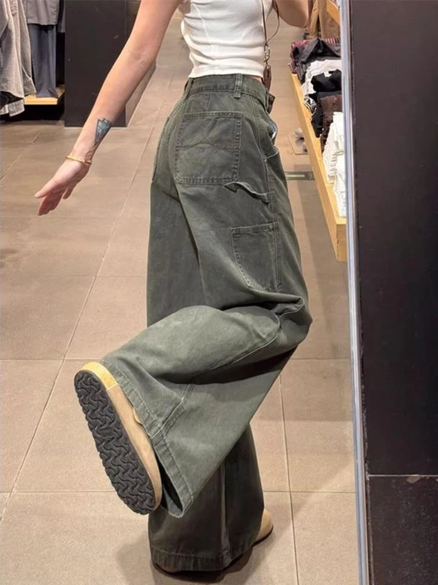 

Retro American Military een Workwear Jeans High Waist Wide Leg Pants Slimming Loose Fit for Pear aped Women Long Trousers