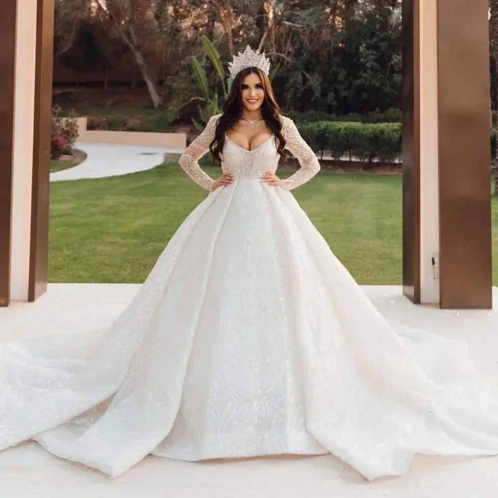 Flavinke Gaun Pengantin Kerah V Elegan Kustom Gaun Pengantin Putri Manik-manik Payet Renda Pakaian Wanita Pernikahan Pengantin 2025