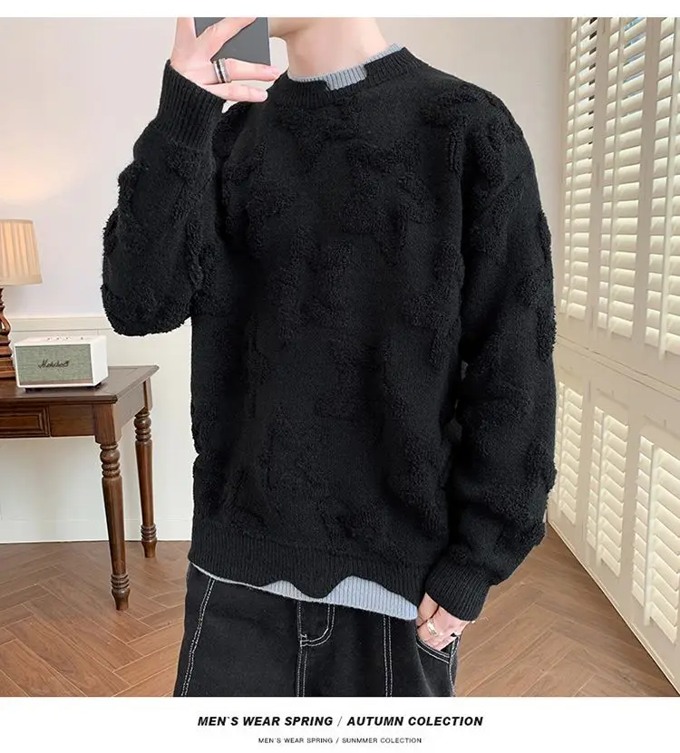 Autumn Winter Pullover Sweater Men Round Collar Loose Teenagers Knitwear Warm Solid Warm Soft Flower Star Print