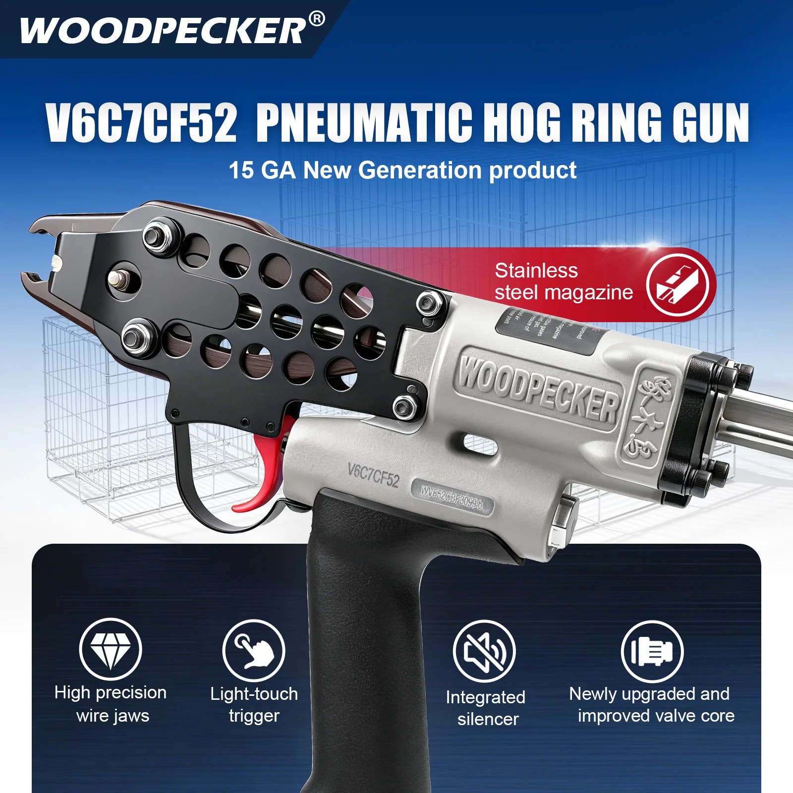 Woodpecker V6C7C52 15-Gauge Upgraded Trigger Pneumatic Hog Ring Gun, 3/4-Inch Crown, 4.8-5.2mm Closure Diameter, for Cage, Fence