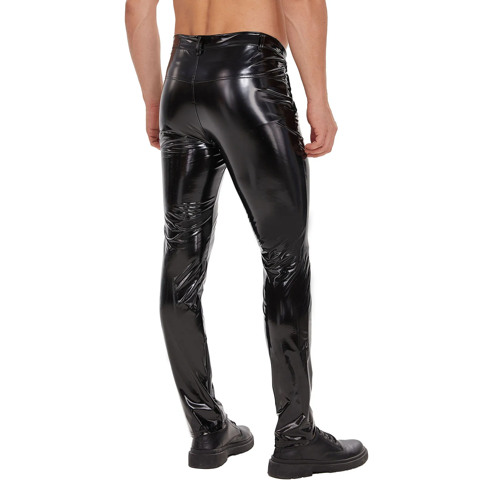 New Mens Pants Shiny Wet Look PU Leather Pants Fashion Tight Trousers for Club Stage Show Rock Band Performance Plus Size