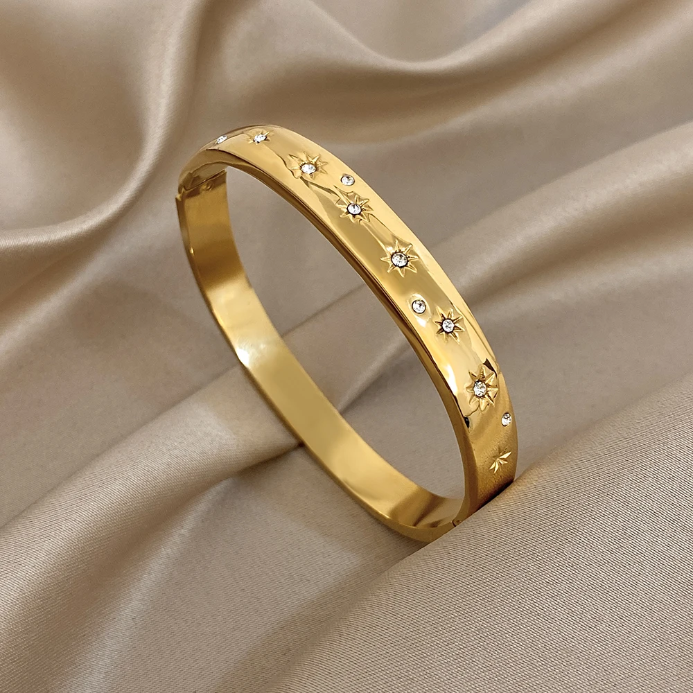 DODOHAO بسيط لامع جولة الفولاذ المقاوم للصدأ الكفة سوار المرأة موضة حجر الراين الشمس الربيع مشبك مفتوح الإسورة مجوهرات هدايا