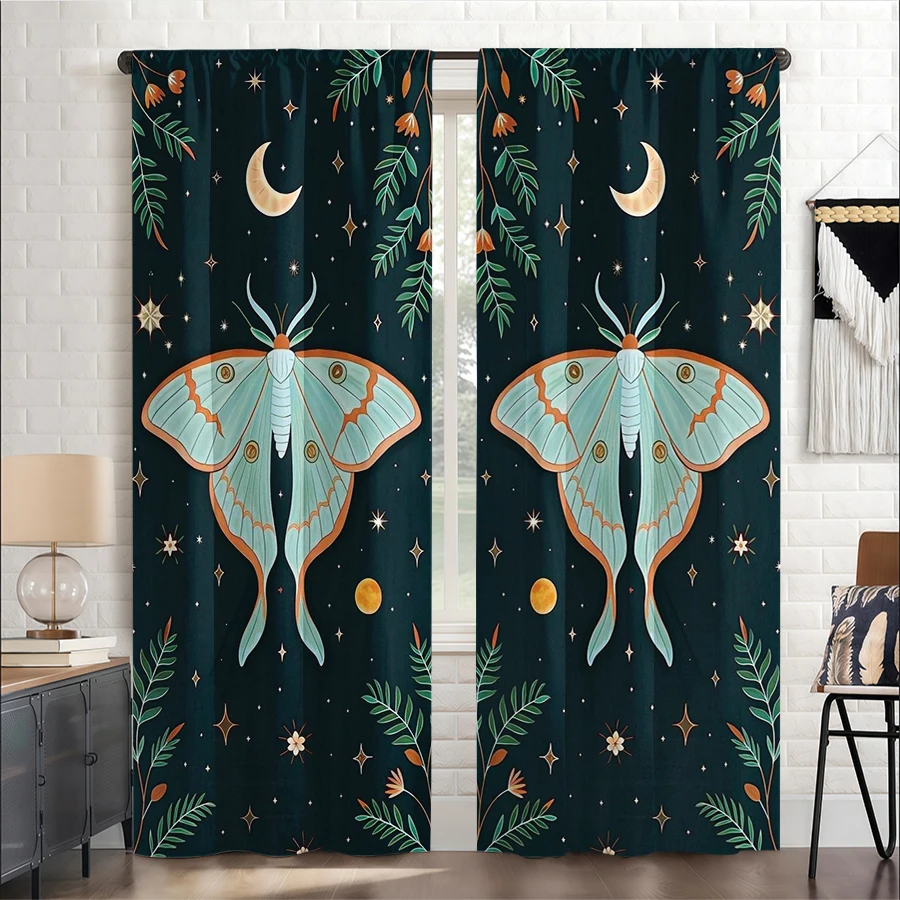 2PCS Digital Print Curtain, Moth Moon Plant Stars Dark Teal, Mystic Celestial Boho Gothic for Living Room Bedroom Decor