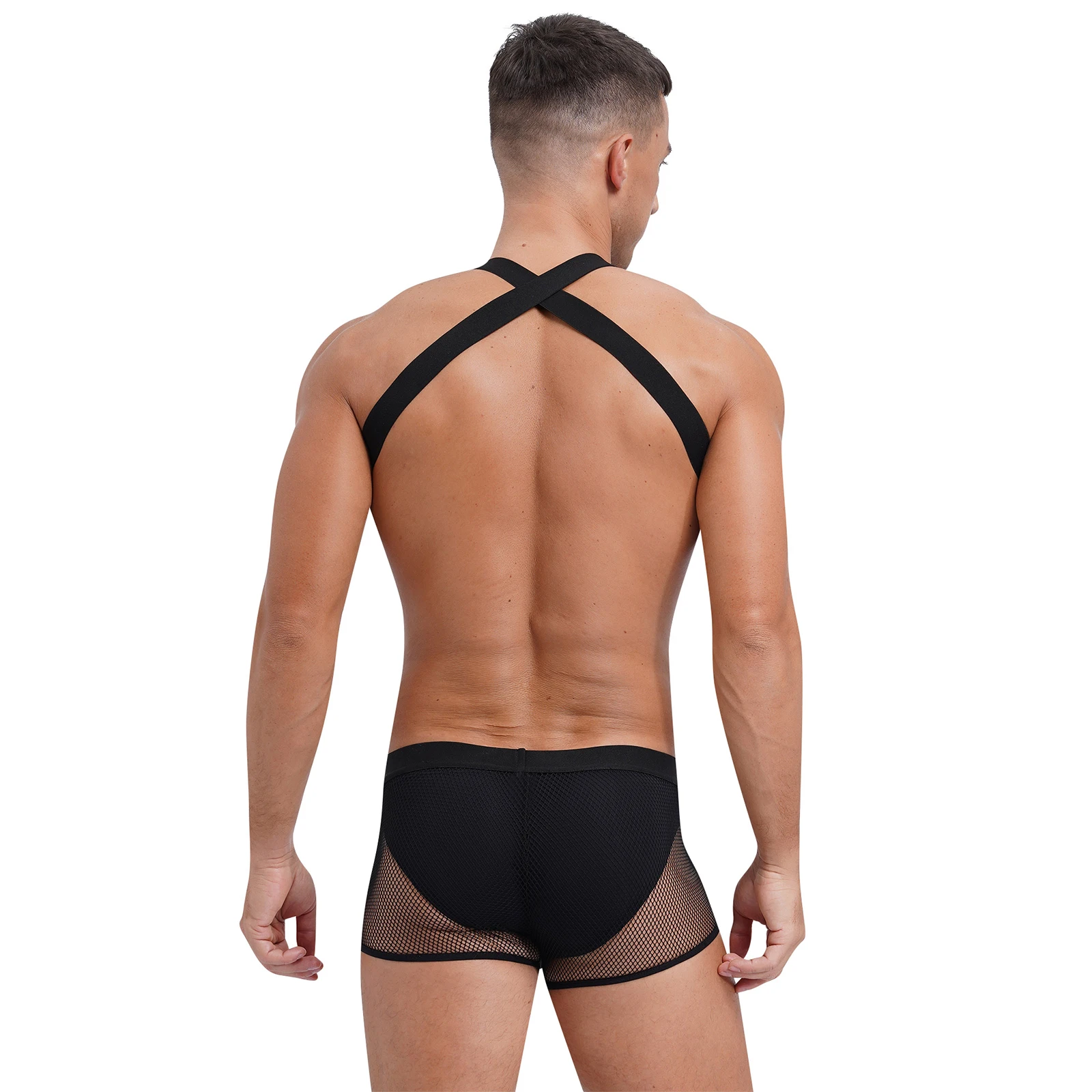 Mens Lingerie See Through Fishnet Bodysuit with Chain Chest Chained Harness with Glossy Pouch Trunks Shorts Sexy Rave Clubwear