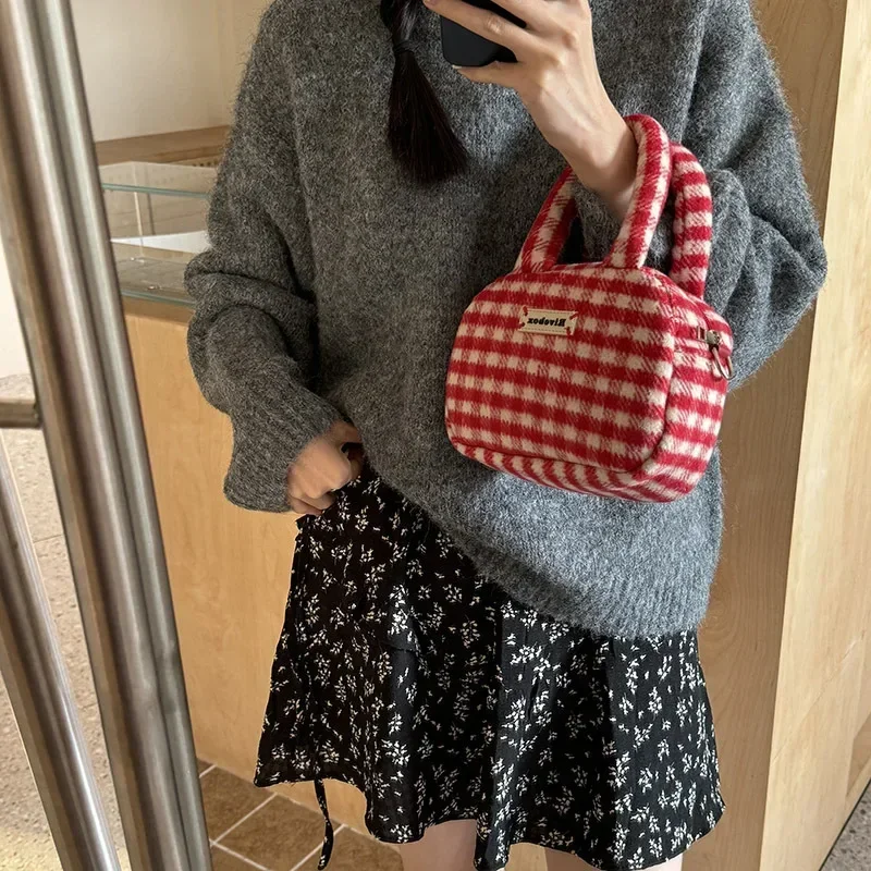 Xiuya Vintage Cute Handbag for Women Red Plaid Letter Soft Kawaii Crossbody Bag Autumn Winter New Luxury Designers Shoulder Bag