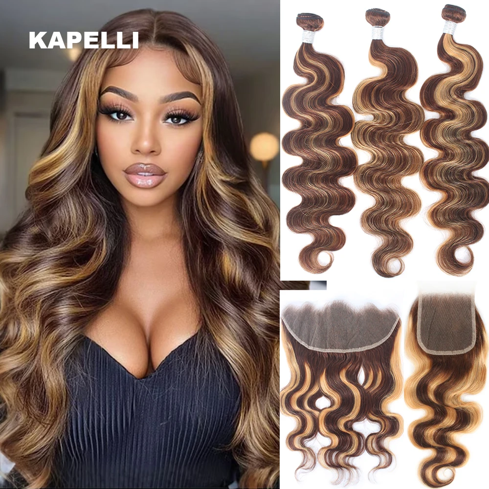 

Highlight Body Wave Bundles With Closure 4x4 13x4 Ombre Colored Bundles Human Hair with Frontal Plucked Hair Extensions Remy