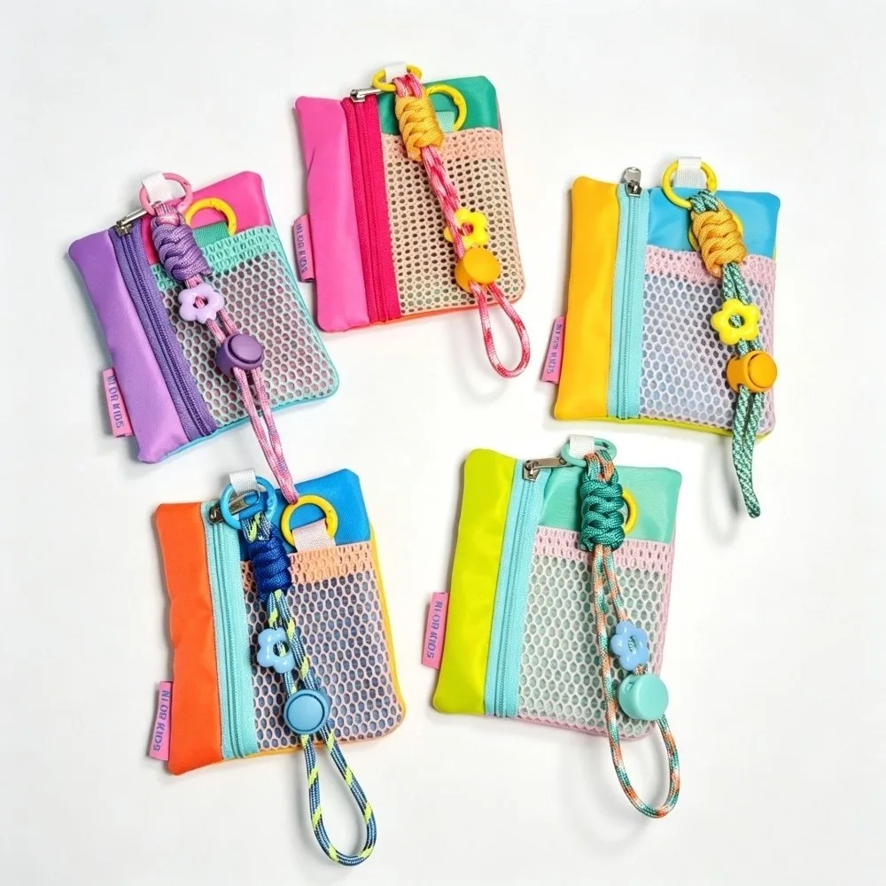 Creative Contrasting Mesh Key Coin Purse Zipper with Lanyard Storage Pouch Portable Lightweight Card Bag for Commute Travel Use