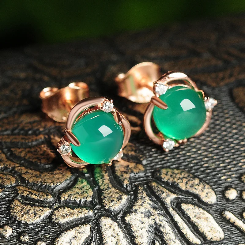 DIY accessories Tmall hot-selling 925 silver-plated inlaid synthetic ice-transparent chalcedony egg surface pattern stud earring