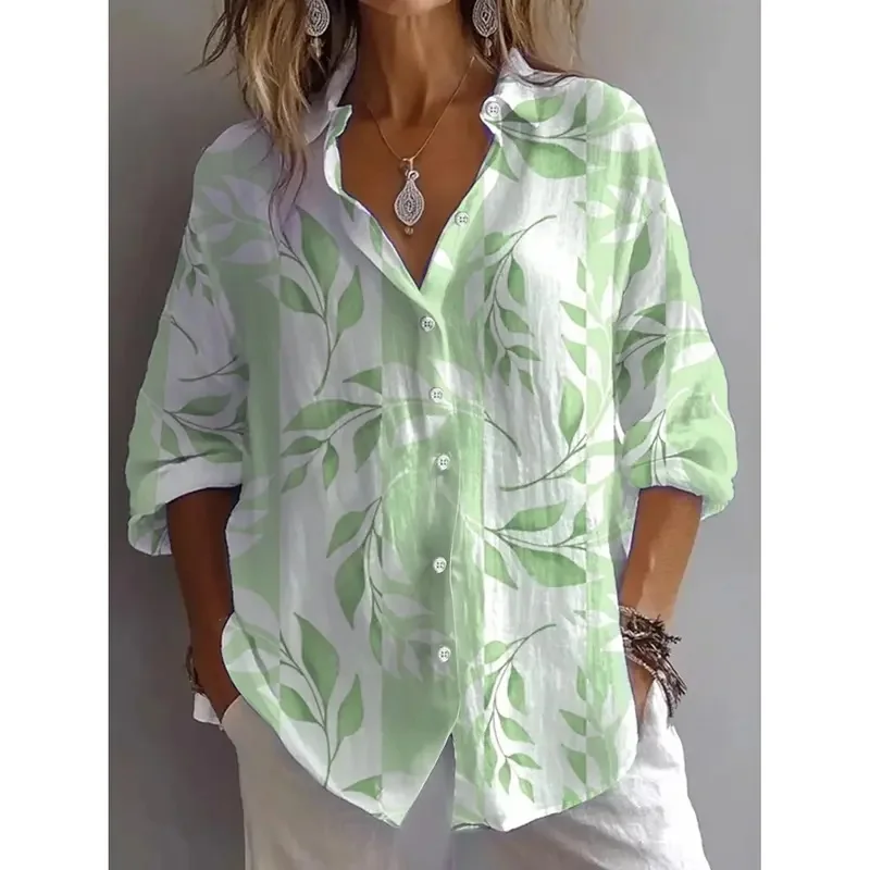 Summer Shirts for Women, Blouse with Floral Graphics, Blouse with Lapel Collar, Long-Sleeved Shirts for Women Clothing