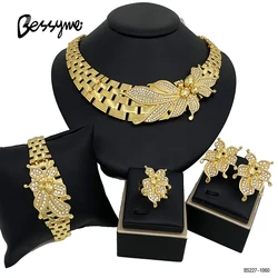 Italian 18K Gold Plated Jewelry Set Square Women Leaf Necklace Earrings Bracelet Ring 4pcs Jewelry Set Wedding Party Accessories