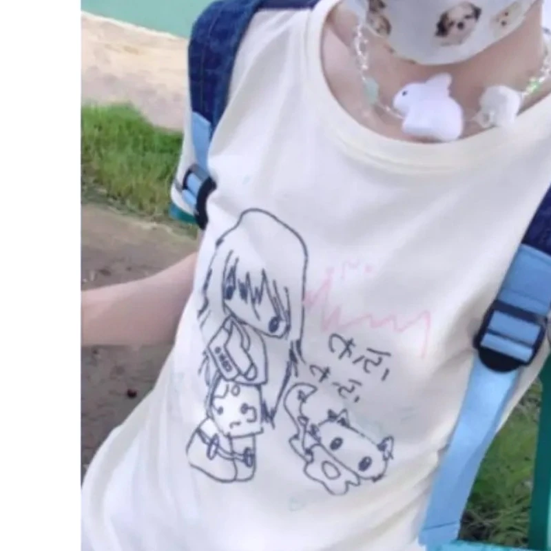 Y2k Aesthetic Casual Cartoon Printing Tops T-shirt Women Streetwear Bright Thread Finish Tshirts Harajuku Grunge Summer T-shirt