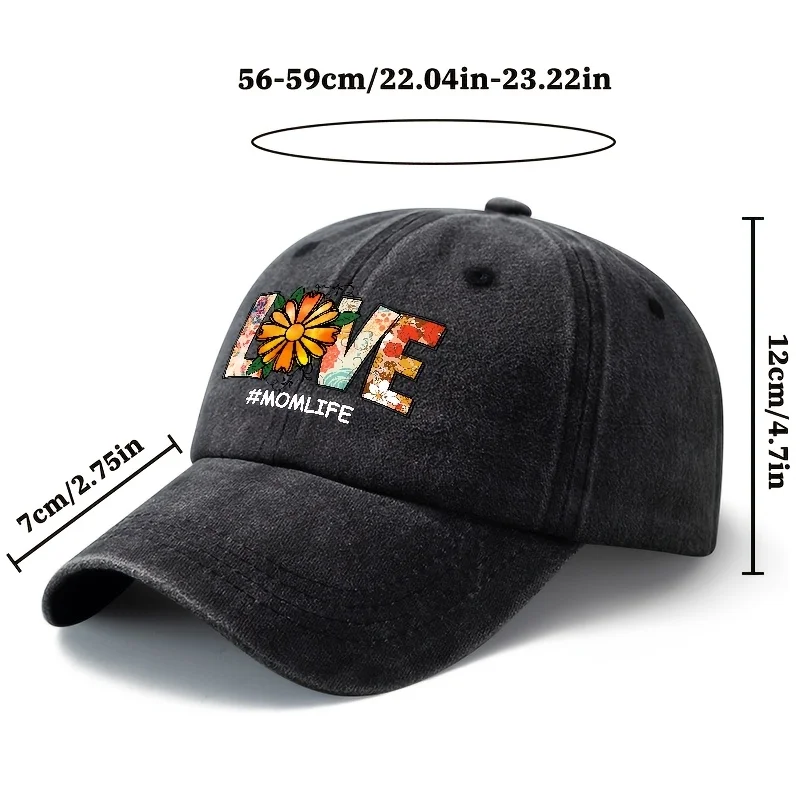 Unisex Fashion Versatile Floral Daisy LOVE Printed Baseball Cap, Classic Vintage Washed Outdoor Lightweight Curved Cap, Trucker