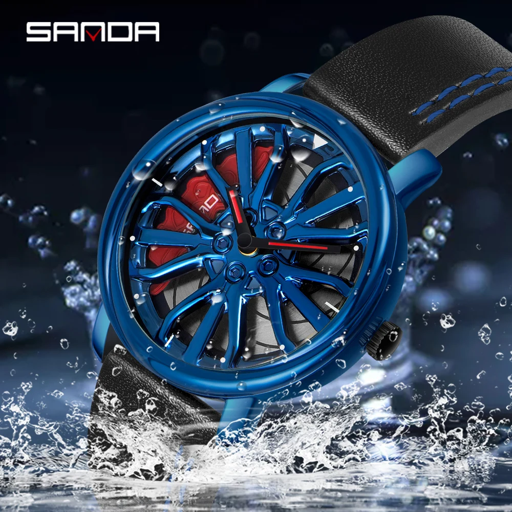 SANDA Hot Sell Men's Fashion Watch, 360‑Degree Rotating Wheel Rim Dial Leather Strap Waterproof Sport Quartz Cool Wristwatch