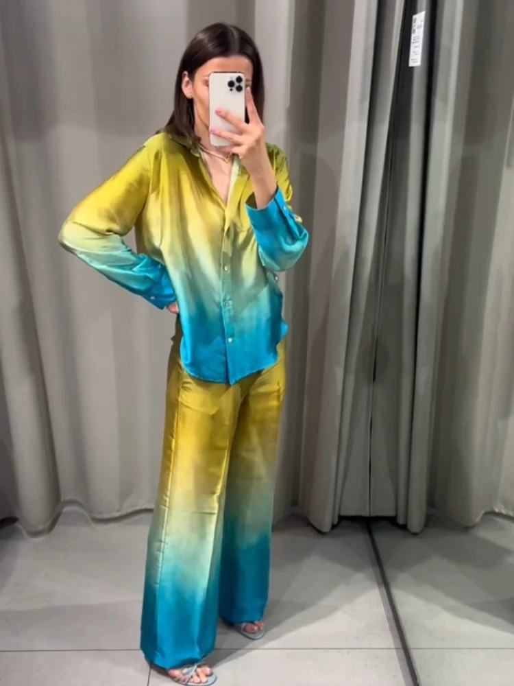 PB&ZA 2024 Women\'s New Fashion Tie Dyed Silk Satin Texture Flip Collar Shirt Straight Leg Casual Pants Set