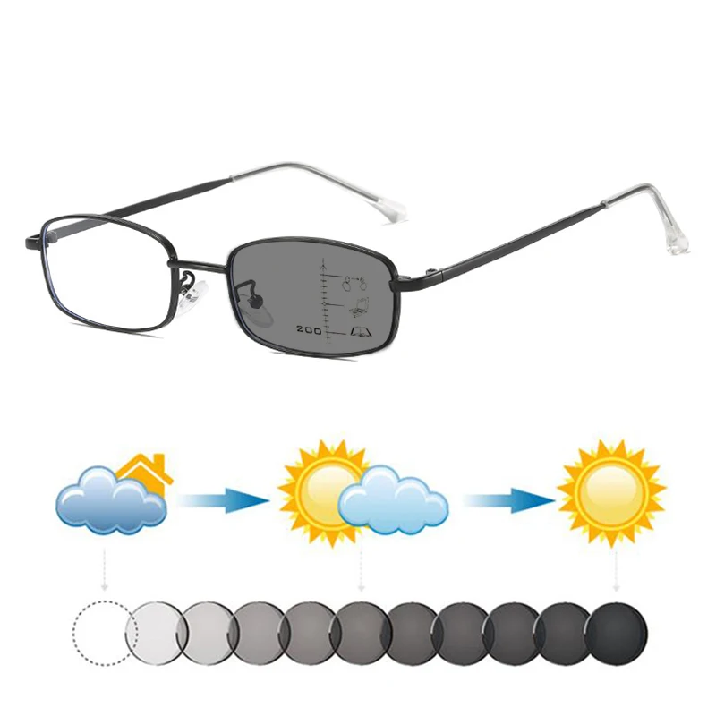 

Fashion Retro Rectangle Metal Men Photochromic Progressive Reading Sunglasses Women Farsighted Shades Dark Glasses Sunnies New