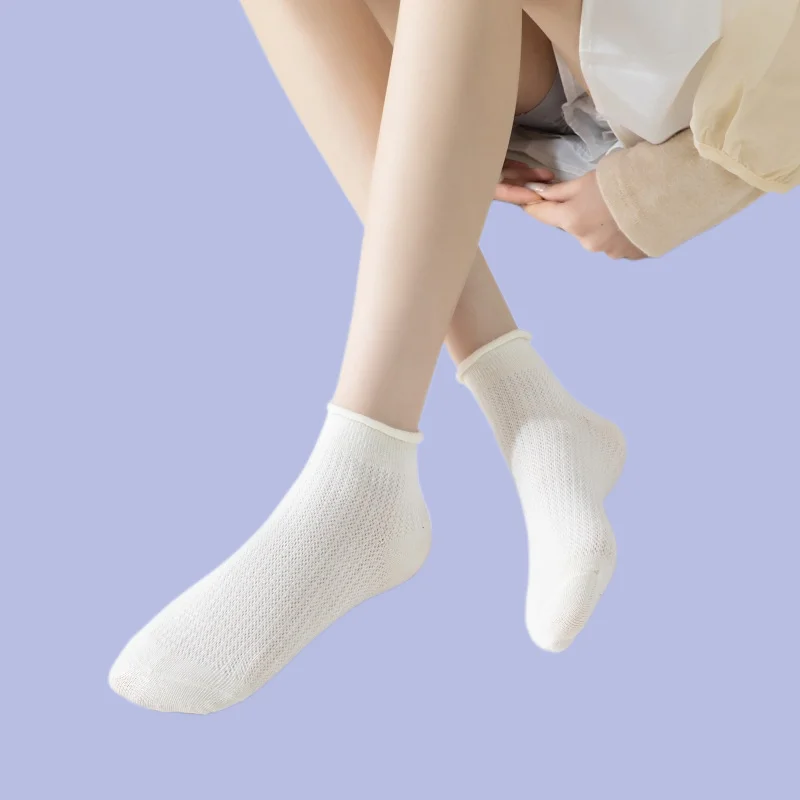 5/10 Pairs Pure Cotton Socks Summer Thin Breathable Sweat-absorbent Deodorant Ladies Short Tube Curled Socks Lace White Socks