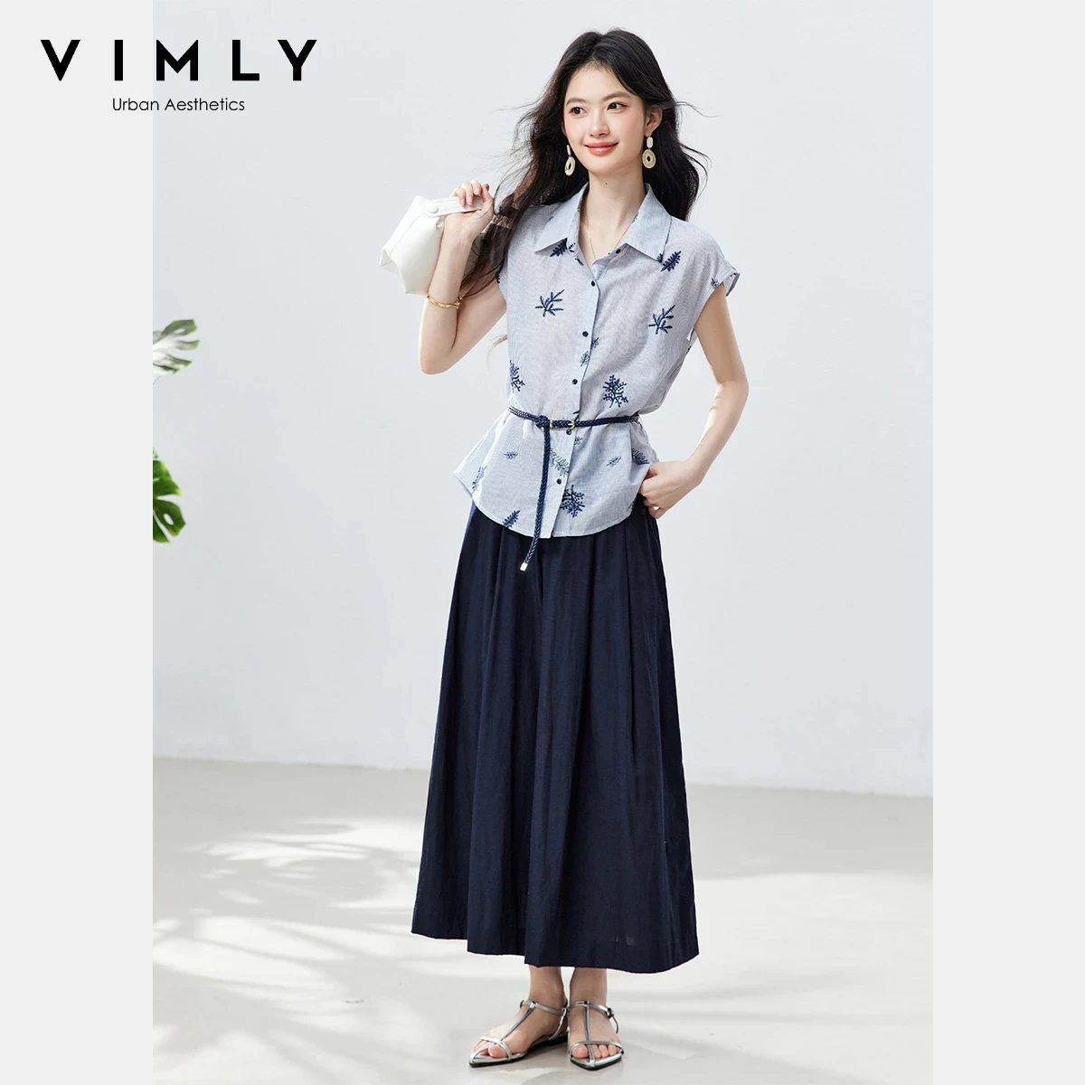 

VIMLY Women's Striped Print Two-Piece Set 2026 Summer New Detachable Belt Sleeveless Shirt Cropped Culottes Casual Outfit A6202