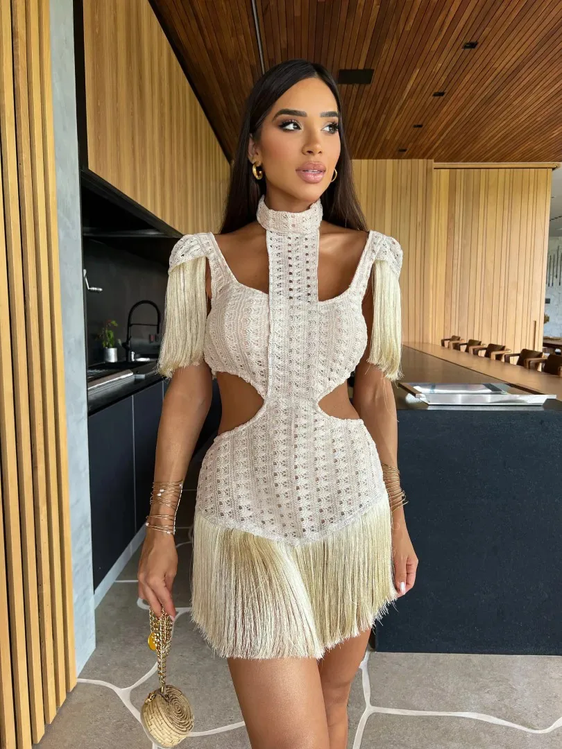 

New In Sexy Tassels Mini Skirt Women Dress Halter Cut Out Party Gown Waistless Banquet Robe Female Clothing 2024 Summer Hot Sale