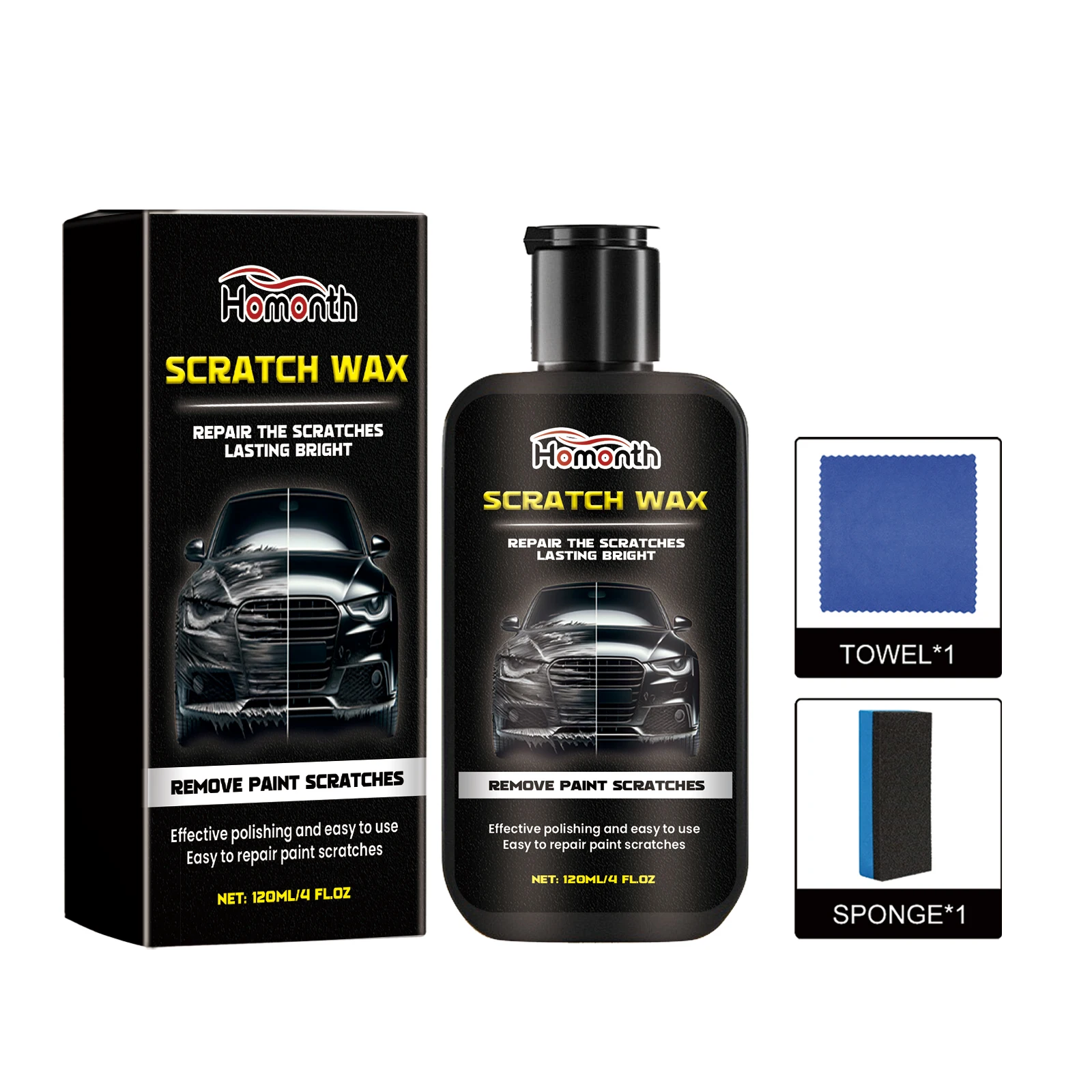 Car Scratch Repair Wax Auto Paint Surface Scratch Scuff Touch Up Repair Cream Polishing Wax Vehicle Clear Coat Swirl Remover Sanding Compound Paint Care Wax Sponge Kit Household Auto Detailing Restorer Home Tool Set Plus Pro Safe Fast Easy Daily Life