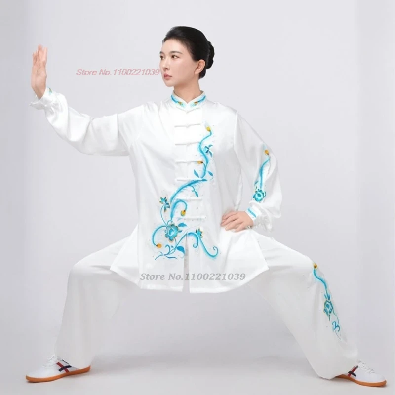 

Китайская форма тай-чи, ушу, тайцзи, утро, топы + брюки, комплект с цветочной вышивкой, тренировочные упражнения, сценическое выступление