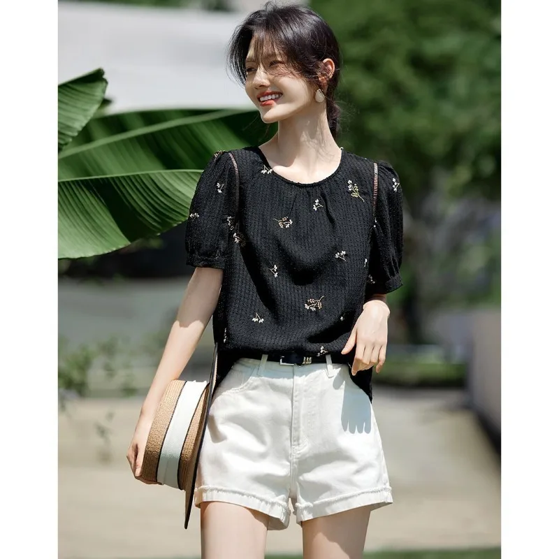 

Модная женская летняя рубашка с вышивкой, дышащая, универсальная, свободного кроя, с эффектом похудения