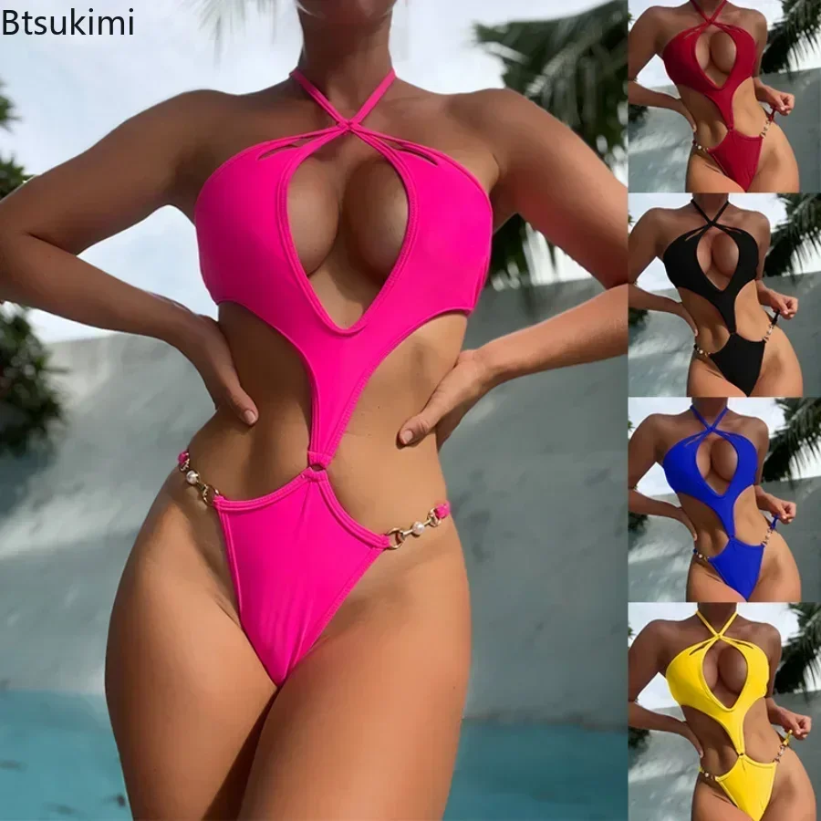 2026 Women's Summer Swimwear One Piece Multicolor Hollow Out Swimsuits for Girls Pearl Chain Design Halter Beach Outfits Women