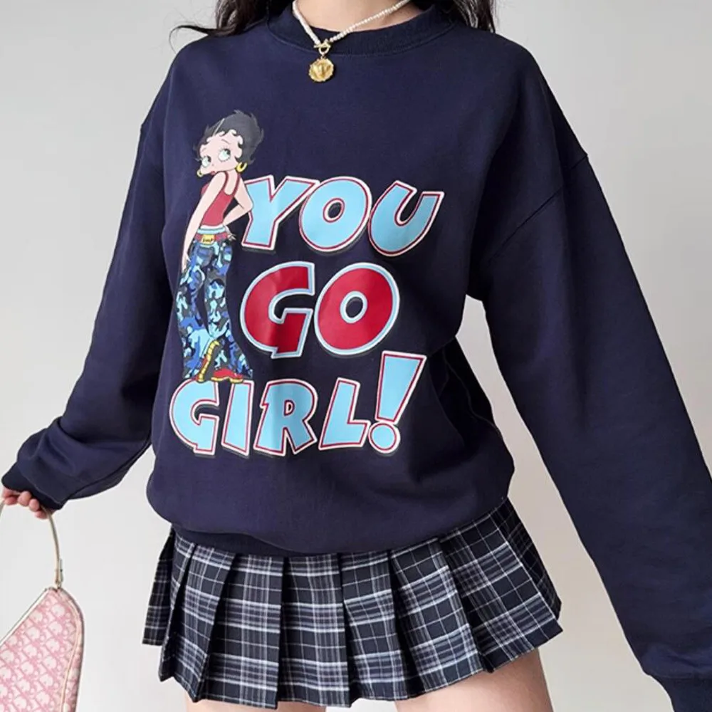 You Go Girl Cartoon-bedrucktes Rundhals-Sweatshirt in Marineblau, Herbst, langärmelig, lockerer, dicker, warmer Pullover, feministischer Pullover im Vintage-Stil