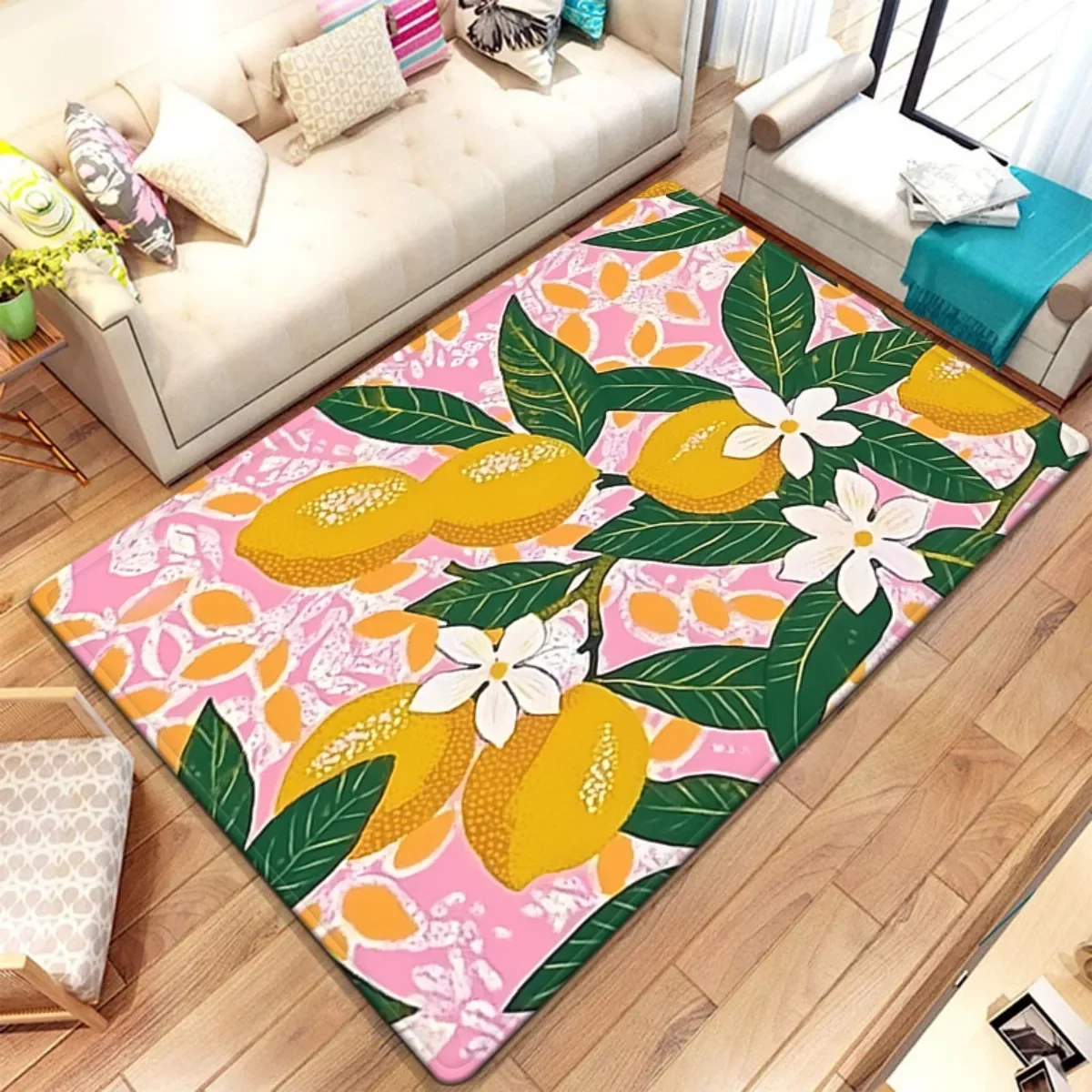 Bright Lemon Citrus Leaf Pattern Area Rug Bohemian Tropical Summer Living Room Floor Carpet Mat Home Decor Washable Durable