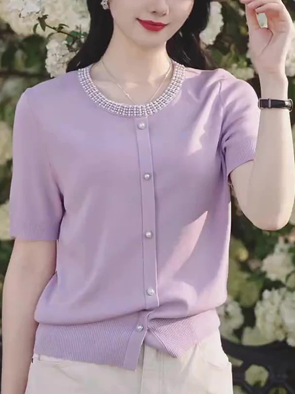 

Gtuq Elegant Anti-Aging Purple Heavy Work Single Button Short Sleeve Knitwear Summer High-End Sensation Small Fragrance Style...