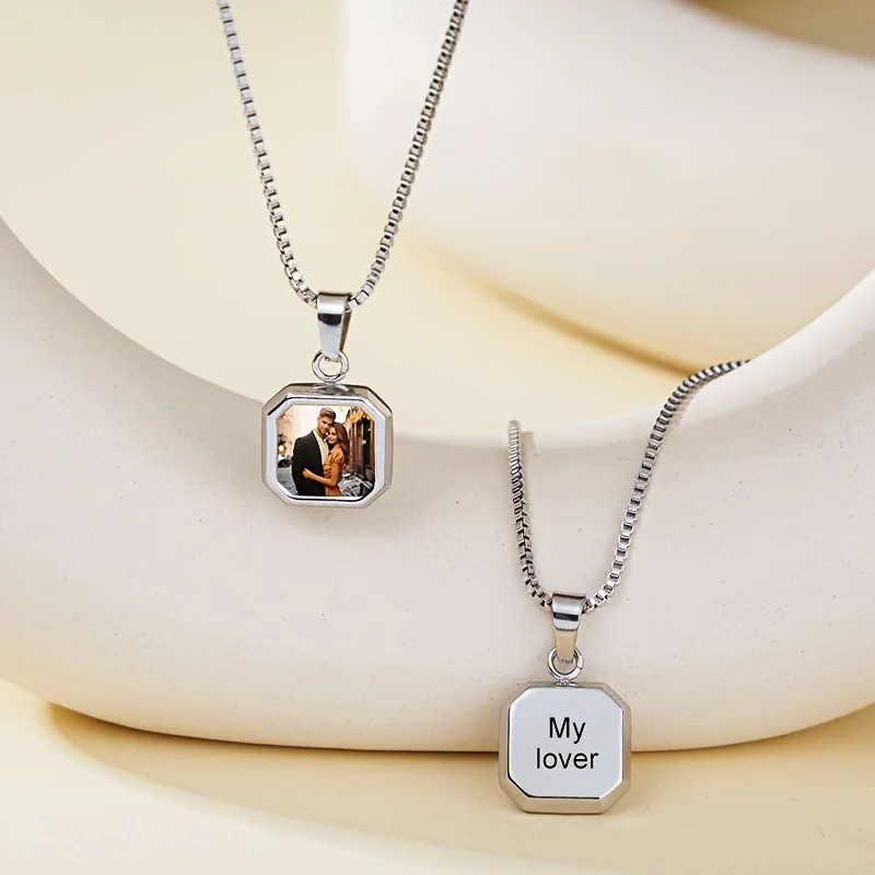 Custom Metal Square Heat Photo Magic Necklace In Memory of Pet Family with Hidden Picture Heat Activated Magic Jewelry Gift