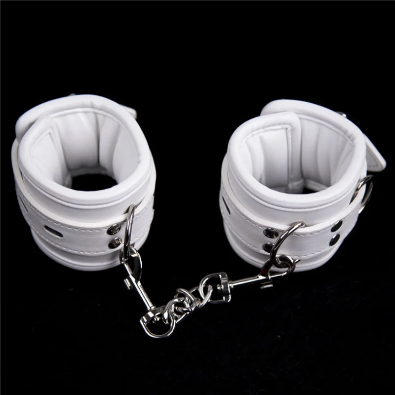 Soft Padded White BDSM Bondage Restraint Wrist Handcuffs Neck Collar Ankle Cuffs with Chain Slave Erotic Flirting Adult Sex Toys