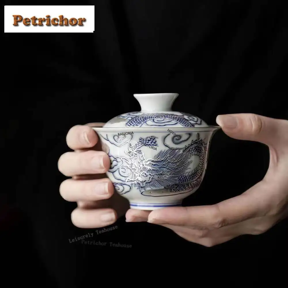 

150Ml Chinese Zen Dragon Gaiwan Handmade Gilded Sier Tea Bowl Tureen Household Brewing Cover Cha Items Gift
