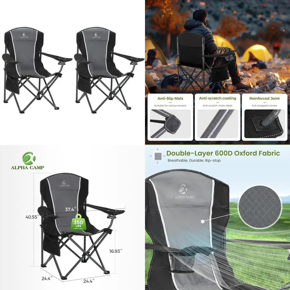 

Складное кресло для кемпинга увеличенного размера - прочная стальная рама выдерживает до 350 фунтов, складные подлокотники с подстаканником, поддержка поясницы Quad Lumbar Ba