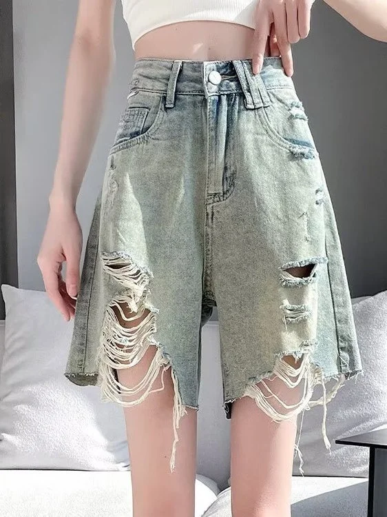 

plus Size Denim Shorts Women's High Waist Straight Leg Wide Leg Five-Quarter A-Line Hot Pants Casual Style Zipper Closure