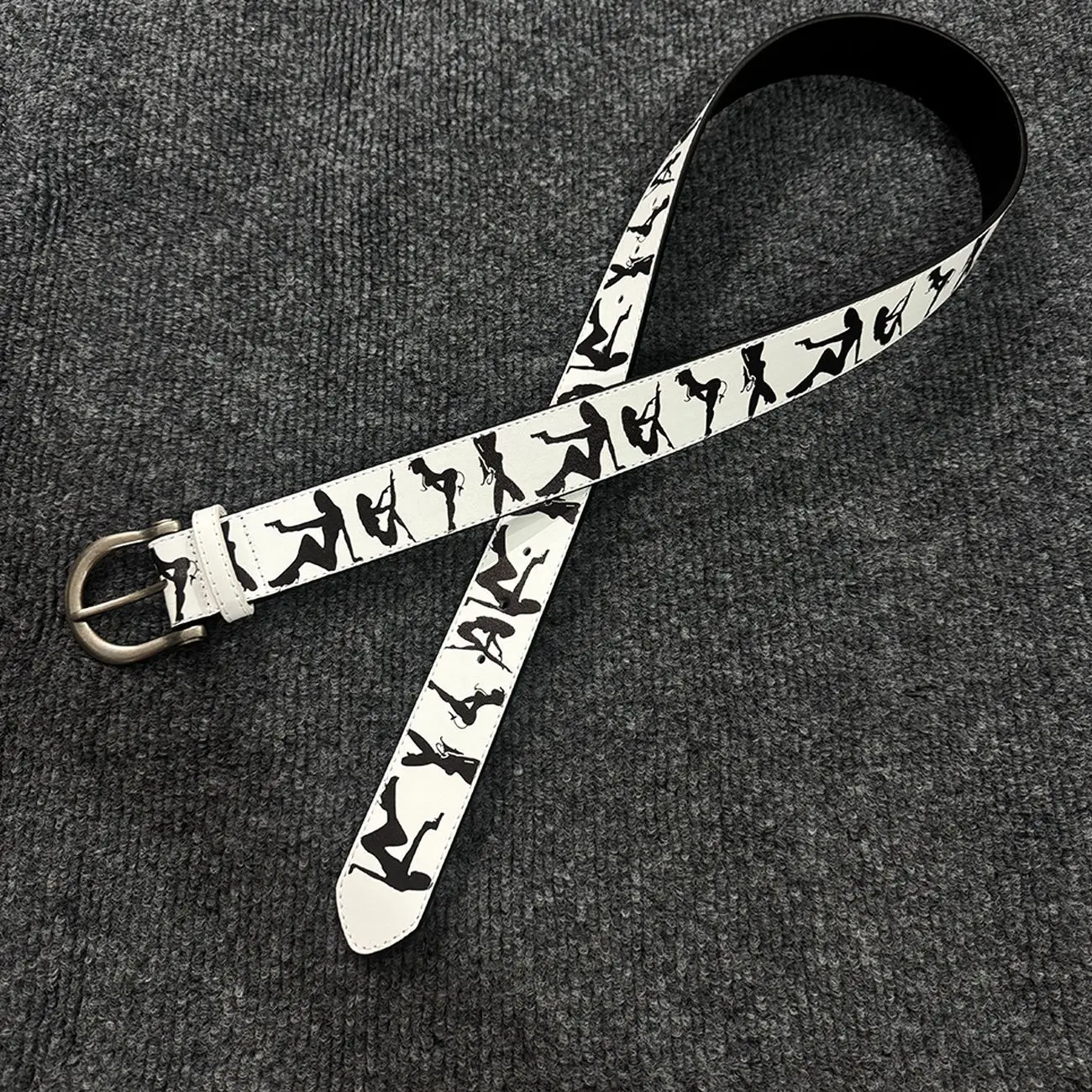 Punk Street Style Women PU Belt White Base Black Human Silhouette Print Unisex Vintage D Buckle Decorative Waist Strap Waistband