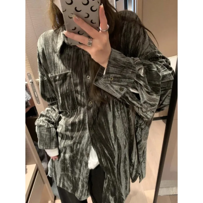 

Women's Fashion Velvet Shirt Loose Lazy Pleats Blouses Single-breasted Long-sleeved Top Soft Design Office Lady Shirt High-end