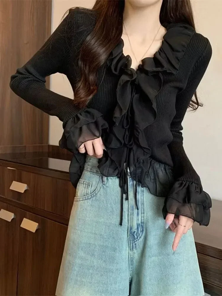 Frisse vintage literaire effen patchwork trui kant gebreid slank ondershirt Franse ruches flare mouw vetersluiting zoete mujer