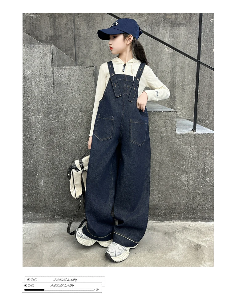Kinder Vintage Dunkelblauer Denim-Overall für Mädchen, Modischer Jumpsuit, High-Street-Oberbekleidung, Kinder-Teenager-Latzhose mit Trägern, Größe 5-14 – Detail 5