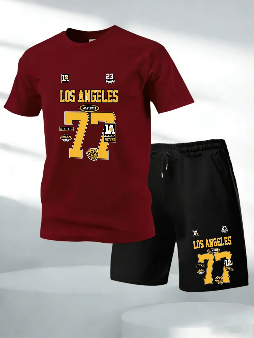 

Two Pieces Set Los Angeles Number 77 Jerseyprint Cotton Tops Shorts Mens O-Neck Oversized Soft T-Shirt Pocket High Waisted Pants