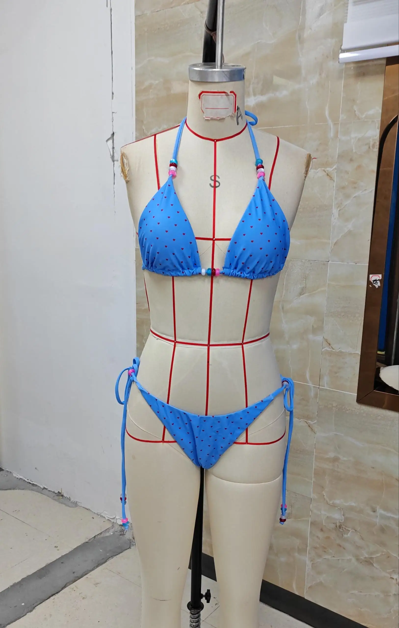 Women's Summer Bikini Set Heart Print Halter Bra with Side Tie-up Bead Low Waist Shorts 2 Pcs Swimsuit Beachwear