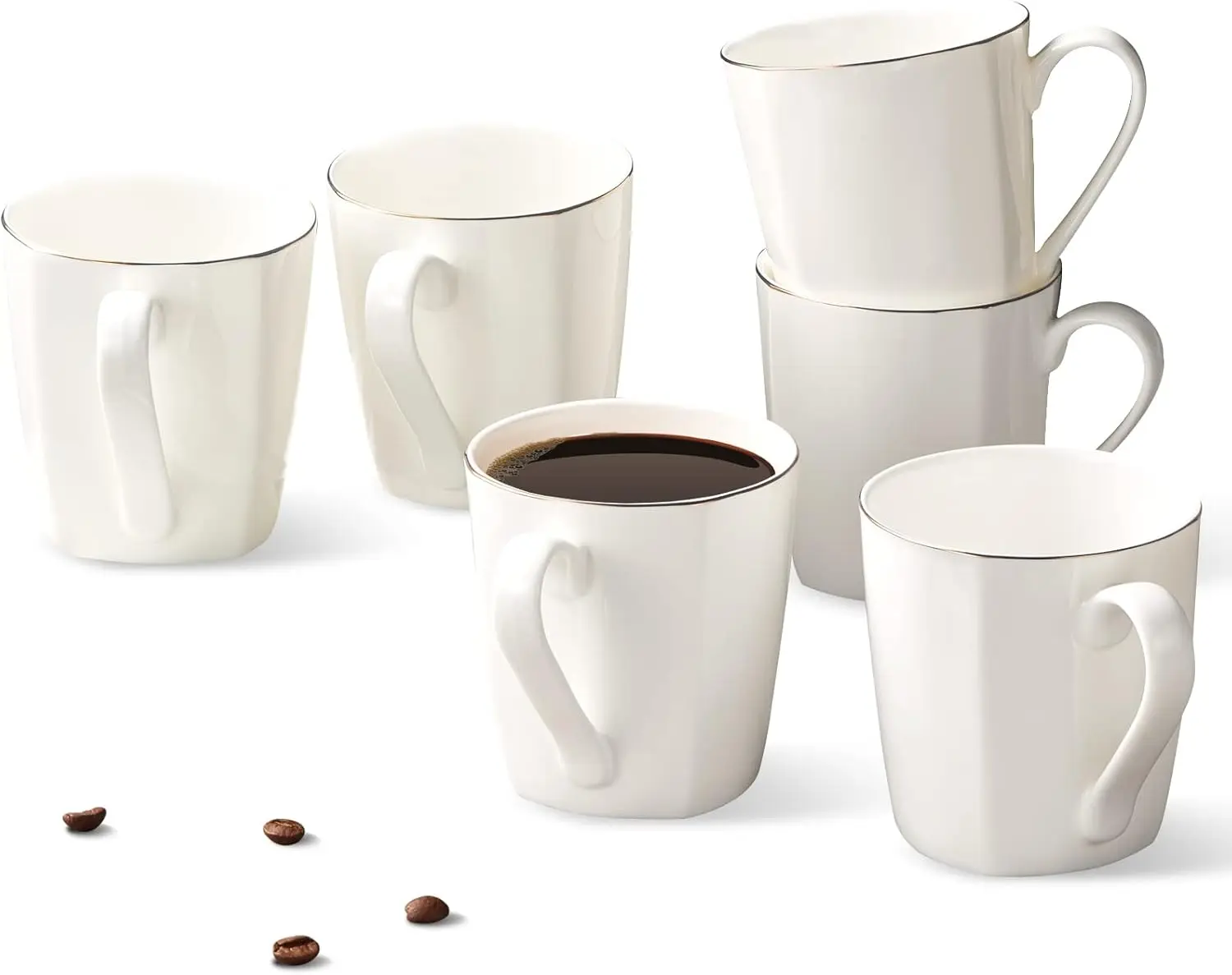 Set of 6 Fine Bone China Coffee Mugs, 10oz White with Gold Rim, Lightweight and Microwave Safe
